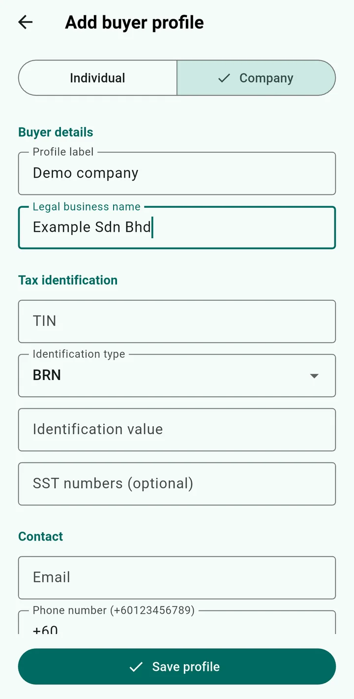 Borang pembeli syarikat ReceiptLah di Android dengan butiran demo belum disimpan