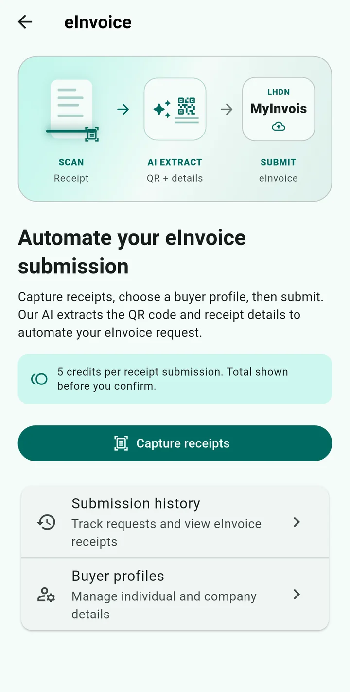 Skrin e-Invois ReceiptLah di Android menunjukkan tangkapan resit, profil pembeli dan harga 5 kredit