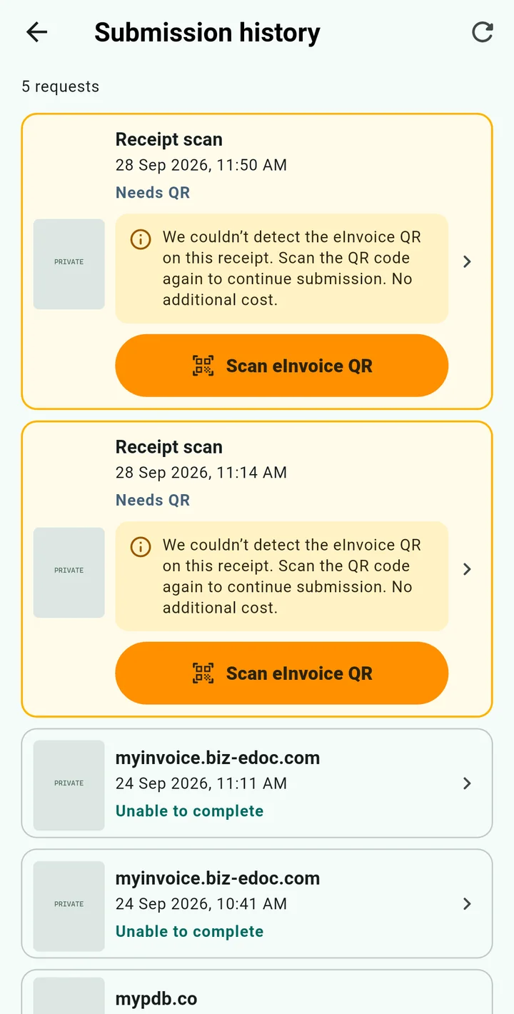 Sejarah permohonan ReceiptLah di Android menunjukkan permohonan yang memerlukan pemulihan QR atau tidak dapat diselesaikan
